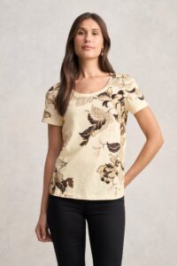 Organic Cotton Slub T-Shirt - Cream Foliage Print