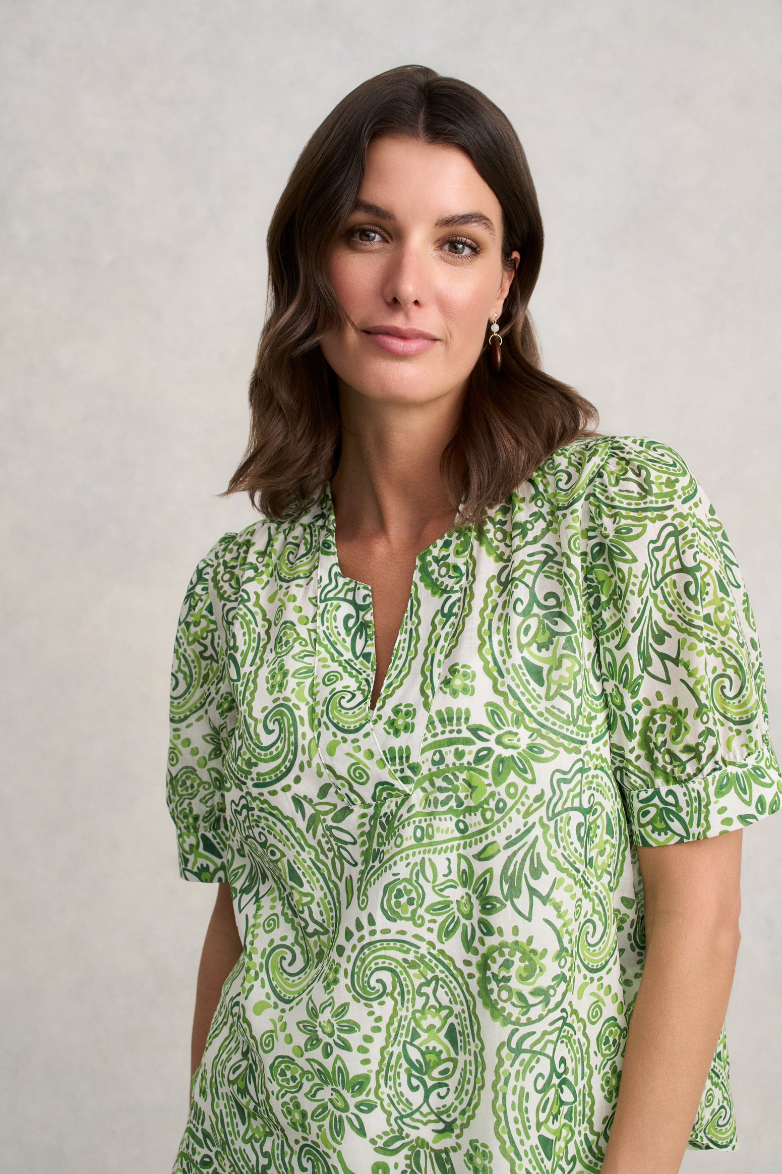 Ramie Cotton Blouse - Green Paisley Print
