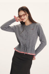 Panel-Design Waist-Cinched Slim Knit Cardigan